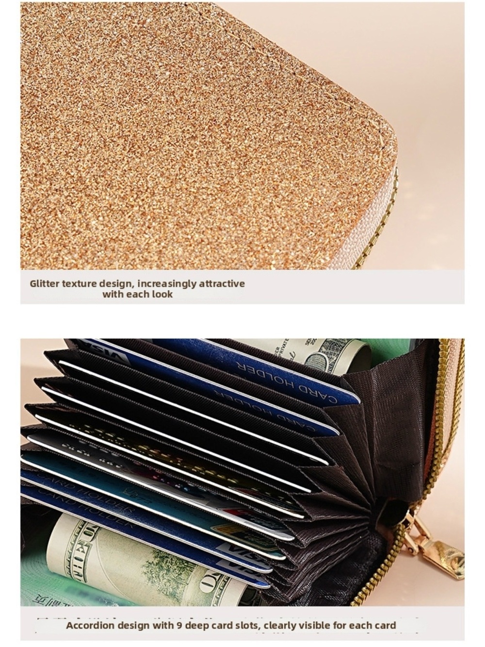 Black Glitter Wallet Double Zipper Accordion Card Holder Coin Purse Womens NEW - Picture 8 of 11